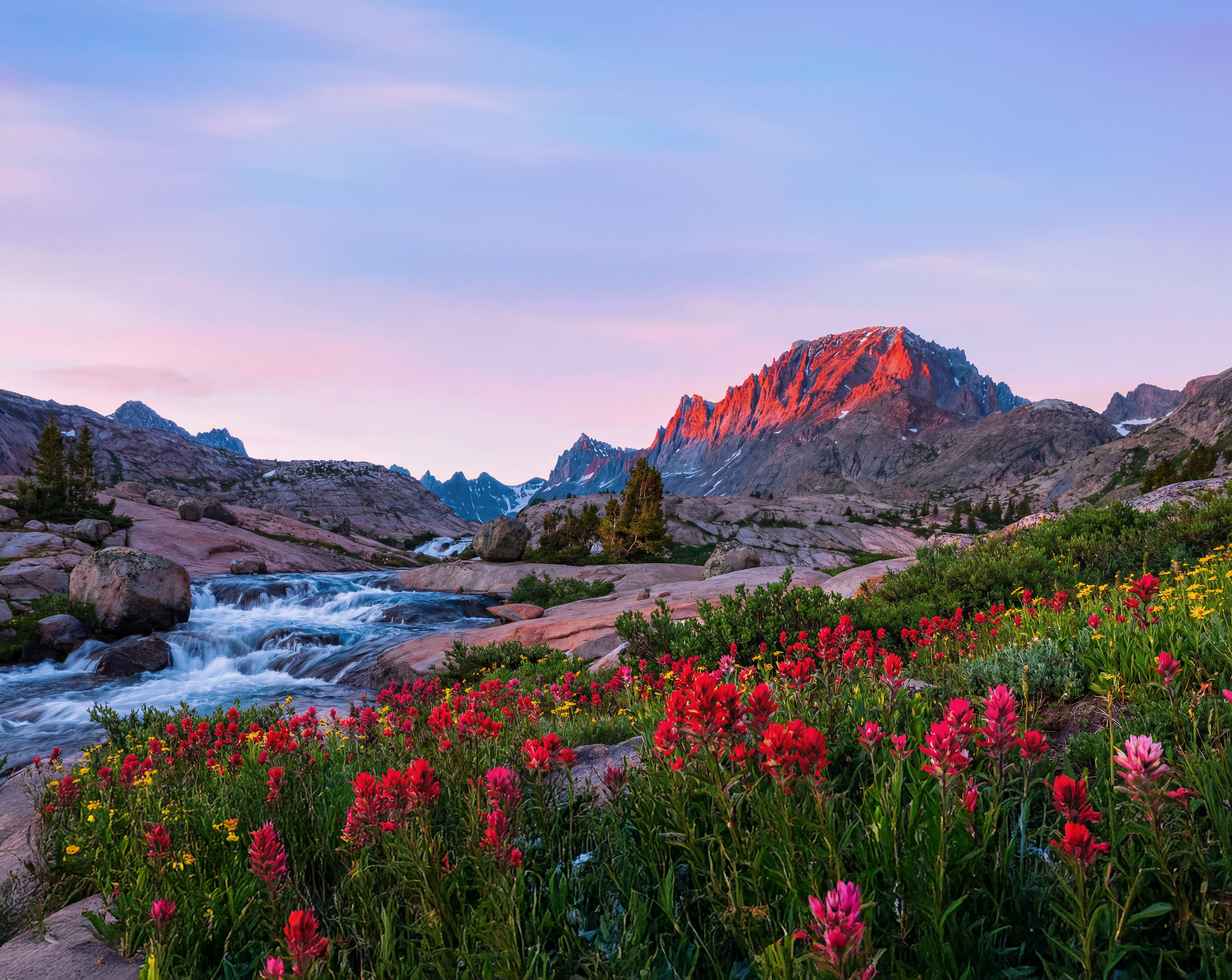 Wyoming mountain landscape at sunset with Indian paintbrush wildflowers and flowing stream